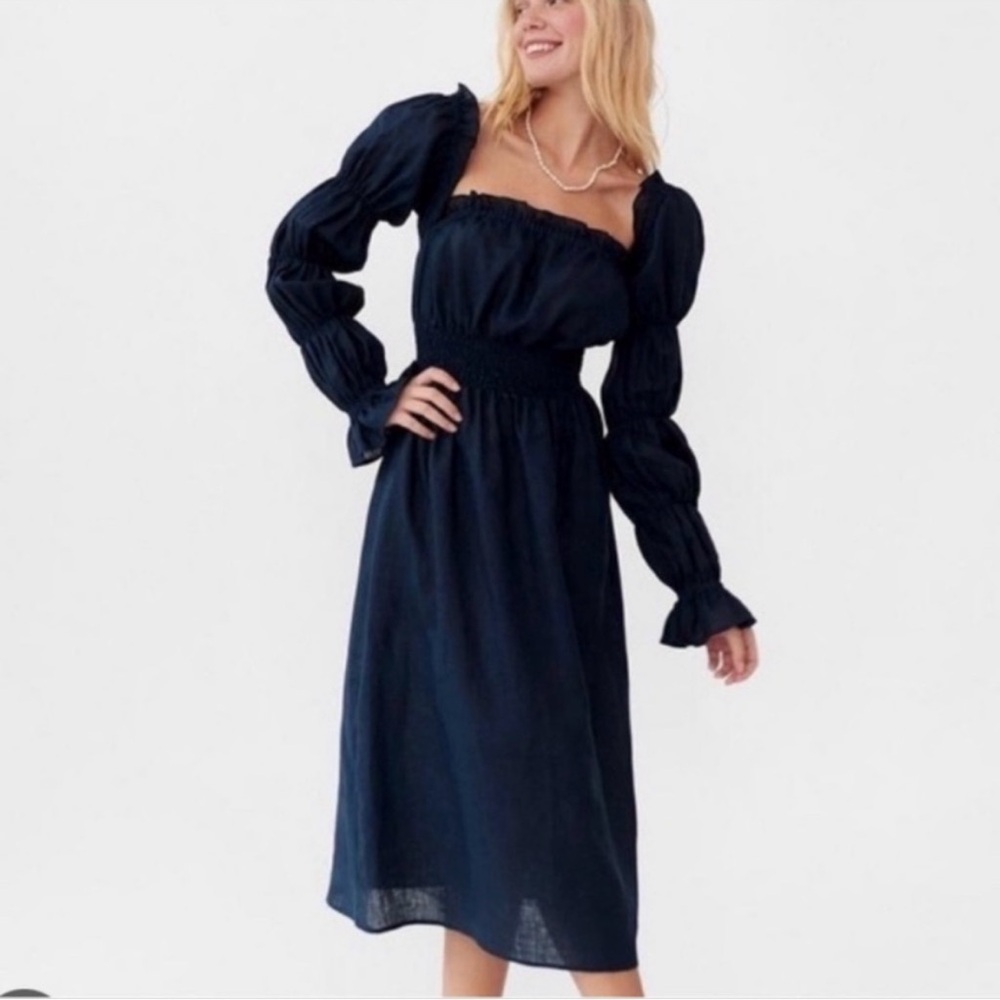 Sleeper Michelin Linen Dress Elegant Navy Blue Women's Dress